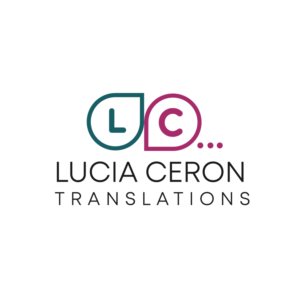 Logo for Lucia Ceron Translations. Two speech bubbles, a dark green one with an L inside, and a dark pink one with a C, followed by ellipsis.